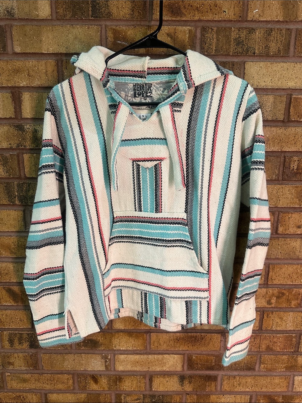 Vintage Baja Hoodie Sweatshirt - Teal & Cream Striped